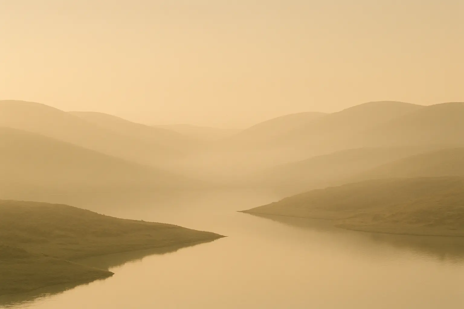 Soft golden morning light over a calm, misty valley — stillness and open space.
