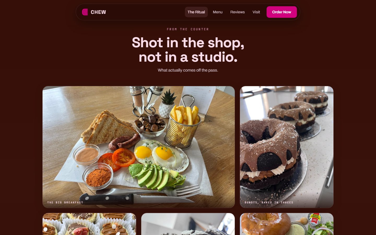 Chew gallery section — 'Shot in the shop, not in a studio.' with in-shop food photography